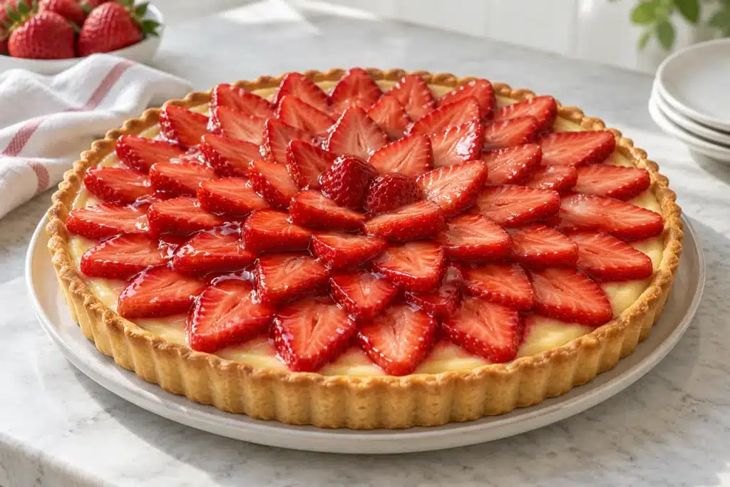 Tarta de fresa con crema pastelera presentado para servir