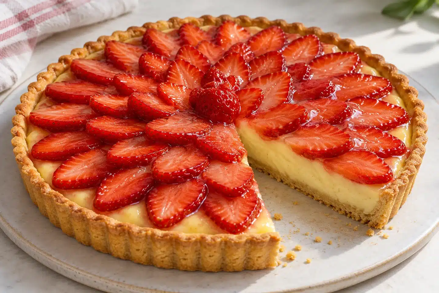 Tarta de fresa con crema pastelera en detalle, con su textura final
