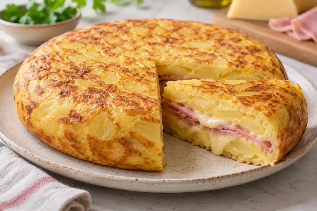 Tortilla de patatas rellena de jamón y queso cortada en porciones