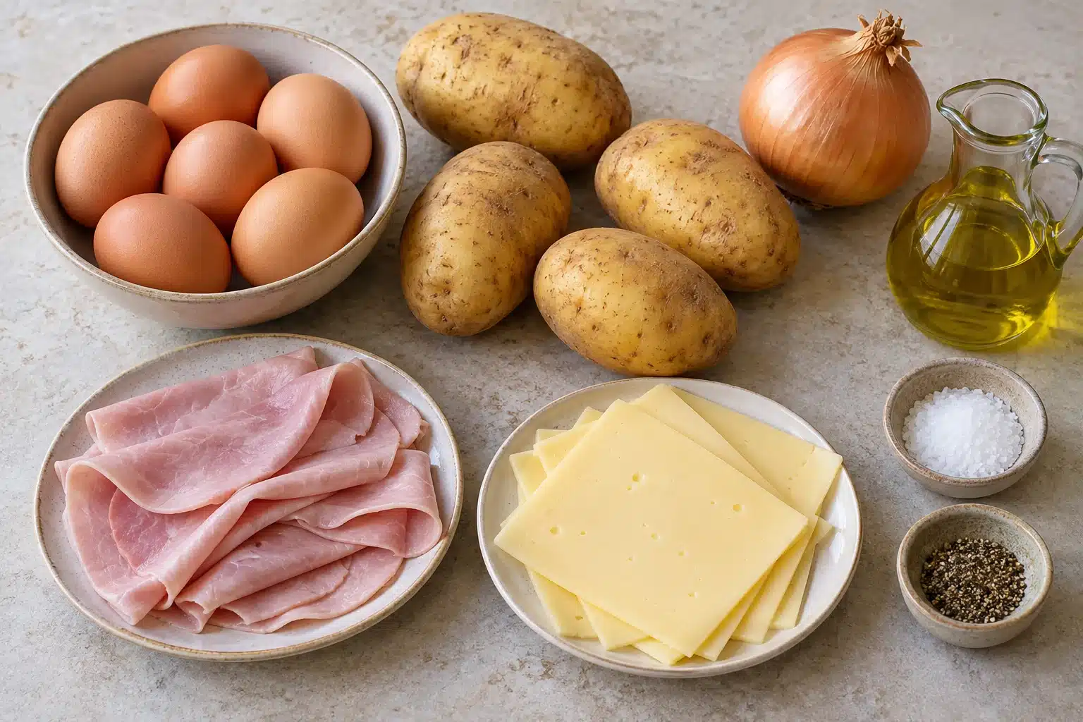 Ingredientes de la tortilla de patatas rellena de jamón y queso